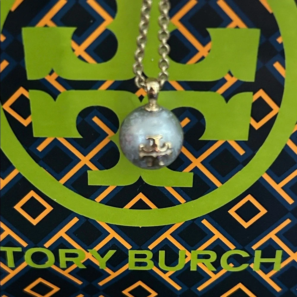 Tory Burch Gold and Silver Pearl Logo Charm Necklace